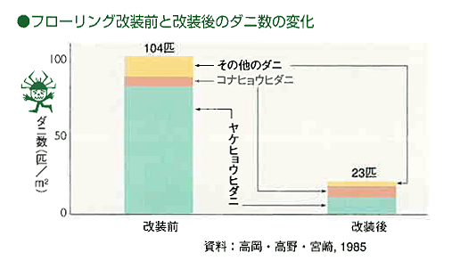 フローリング改装前と改装後のダニ数の変化